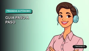 Ilustración plana corporativa de una trabajadora autónoma chilena sonriente, con fondo degradado azul verdoso, para guía de control financiero 2026.