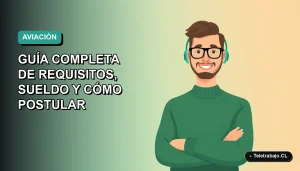 Ilustración plana de un controlador aéreo hombre en Chile, estilo corporativo moderno, sobre fondo degradado azul verdoso.