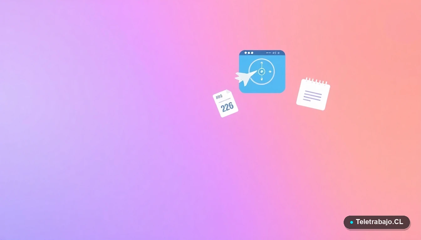 Elementos abstractos de interfaz de usuario sobre aviación: avión, radar, calendario 2026 y carpeta de documentos, estilo ilustración plana moderna.