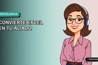 Ilustración vectorial plana de una mujer profesional de teletrabajo sonriente, con fondo degradado azul verdoso. Espacio negativo a la izquierda.