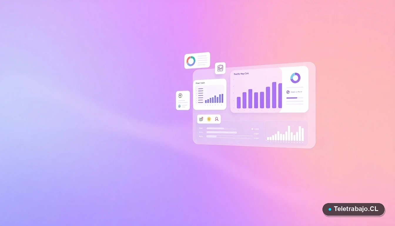 Ilustración abstracta de interfaz de usuario con gráficos flotantes al estilo Excel, sobre fondo degradado lila. Concepto de datos y productividad.