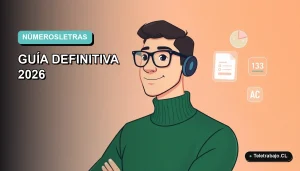 Ilustración vectorial plana de un trabajador remoto masculino junto a una interfaz digital con gráficos y números, sobre un fondo degradado azul verdoso.