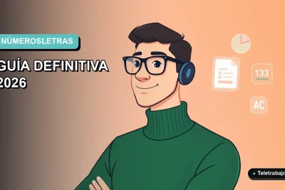 Ilustración vectorial plana de un trabajador remoto masculino junto a una interfaz digital con gráficos y números, sobre un fondo degradado azul verdoso.