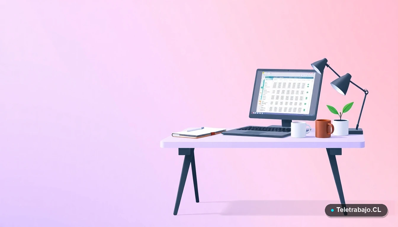 Escritorio moderno minimalista con laptop mostrando una hoja de cálculo, cuaderno, planta y taza de café, sobre fondo degradado lavanda.