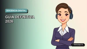 Ilustración plana de mujer profesional sonriente, fondo gradiente azul verdoso, concepto de enseñanza virtual en Chile.