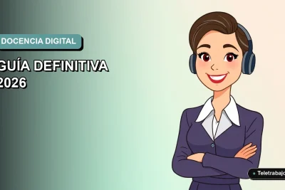 Ilustración plana de mujer profesional sonriente, fondo gradiente azul verdoso, concepto de enseñanza virtual en Chile.