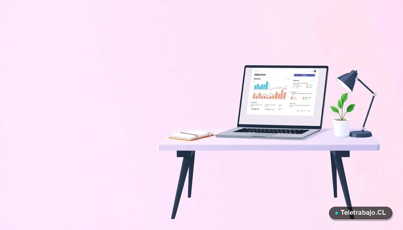 Escritorio moderno minimalista con laptop, taza de café y planta, ilustración plana sobre fondo gradiente lila, representando el espacio de trabajo del docente online.