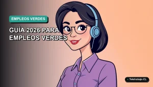 Ilustración plana vectorial de una profesional femenina de teletrabajo, estilo Corporate Memphis, con fondo degradado azul verdoso. Representa carreras técnicas en prevención de riesgos laborales y responsabilidad social corporativa en Chile.
