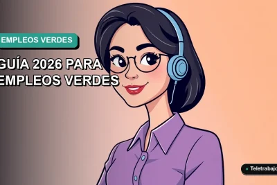 Ilustración plana vectorial de una profesional femenina de teletrabajo, estilo Corporate Memphis, con fondo degradado azul verdoso. Representa carreras técnicas en prevención de riesgos laborales y responsabilidad social corporativa en Chile.