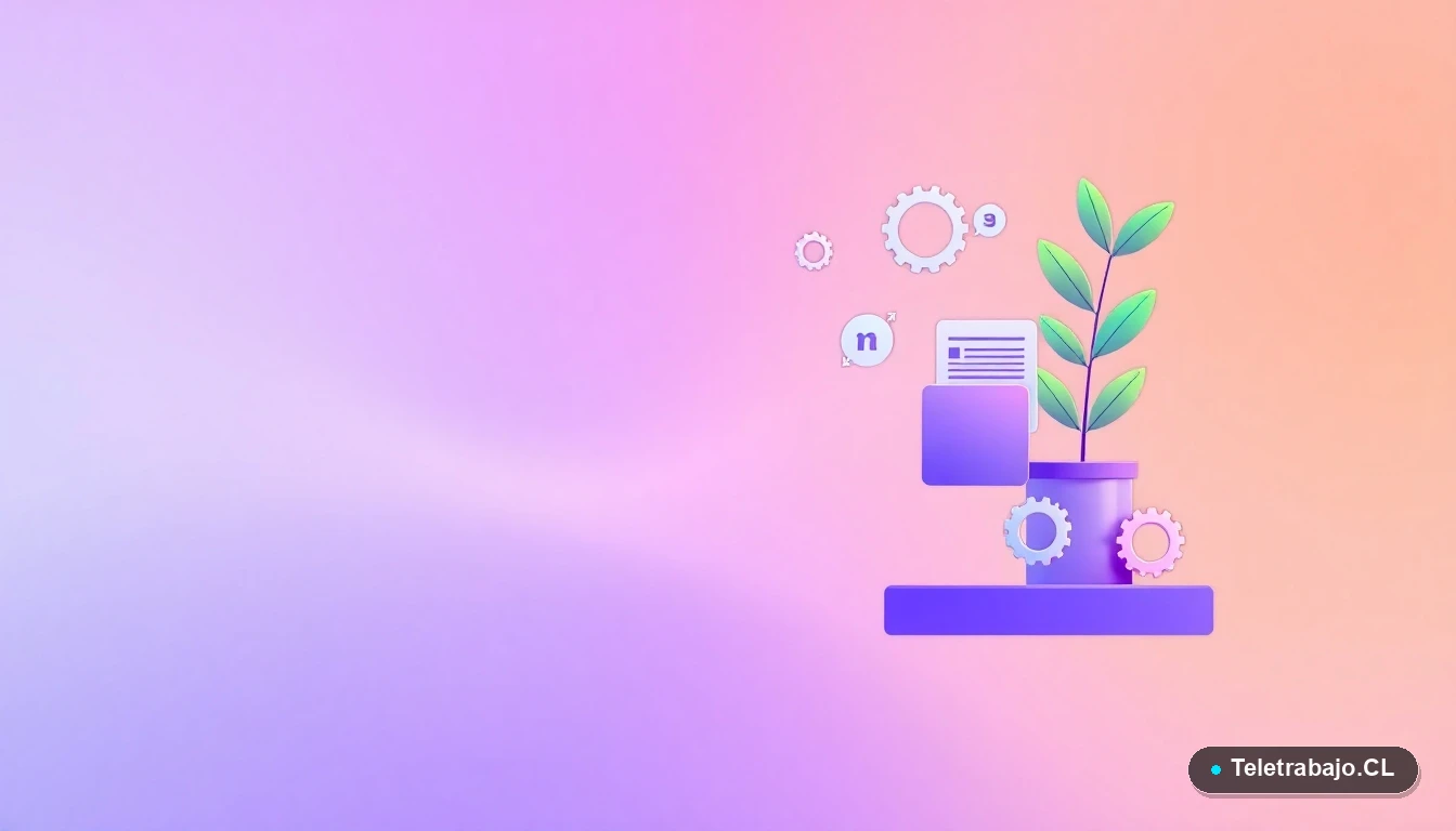 Composición abstracta de interfaz de usuario con iconos planos de gráficos, engranajes y carpetas sobre fondo degradado lila y durazno. Representa conceptos de gestión de prevención de riesgos, RSC y datos para empleos técnicos en Chile.