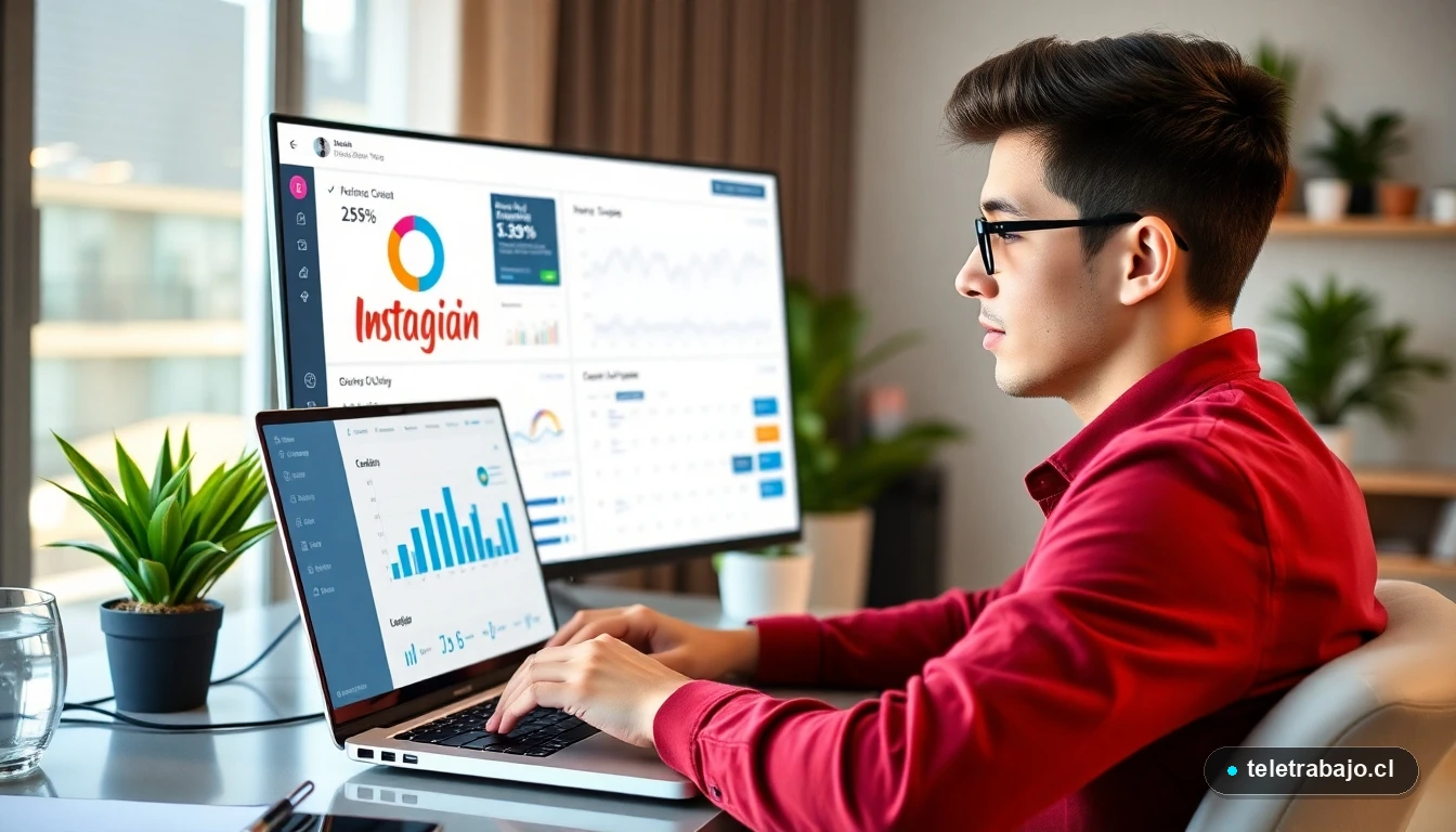 Profesional chileno gestionando estrategias de community manager freelance desde su espacio de teletrabajo