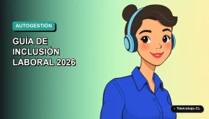 Ilustración plana corporativa de una mujer profesional de teletrabajo con blusa azul, sobre fondo degradado verde azulado.