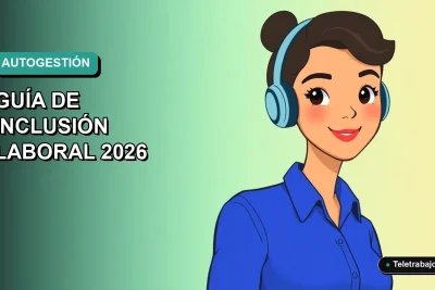 Ilustración plana corporativa de una mujer profesional de teletrabajo con blusa azul, sobre fondo degradado verde azulado.