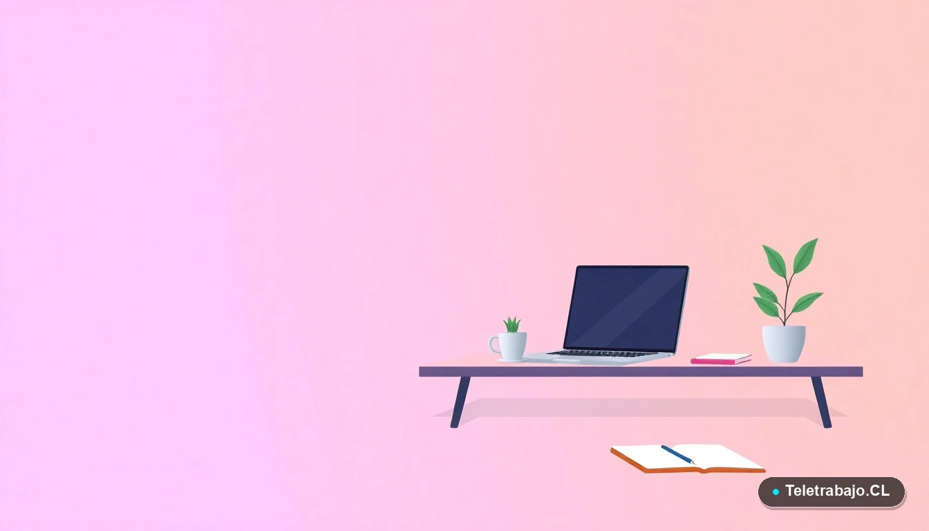 Escritorio moderno minimalista para teletrabajo con laptop, café y planta, ilustración plana sobre fondo degradado lavanda y durazno.