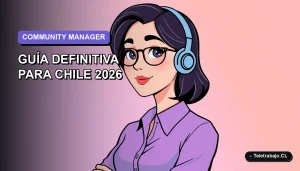 Ilustración plana vectorial de mujer profesional chilena como community manager, con fondo degradado lavanda y espacio negativo a la izquierda.
