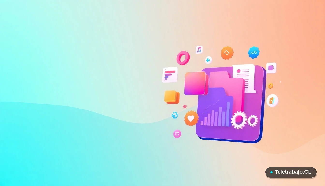 Composición abstracta de interfaz de usuario con gráficos y iconos flotantes, estilo ilustración vectorial plana, sobre fondo degradado de menta y espacio negativo.