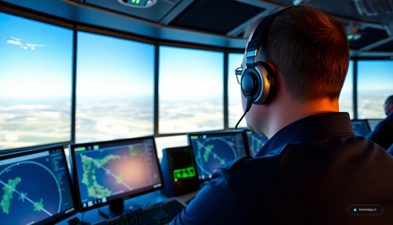 Controlador aéreo trabajando en la torre de control de ENAIRE, supervisando el tráfico aéreo en pantallas de radar.