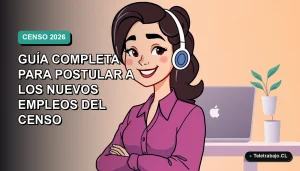 Ilustración vectorial plana de una trabajadora remota sonriente junto a un escritorio moderno con laptop, sobre fondo degradado azul verdoso.