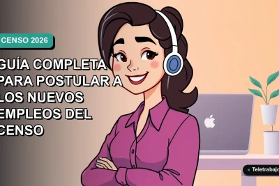 Ilustración vectorial plana de una trabajadora remota sonriente junto a un escritorio moderno con laptop, sobre fondo degradado azul verdoso.