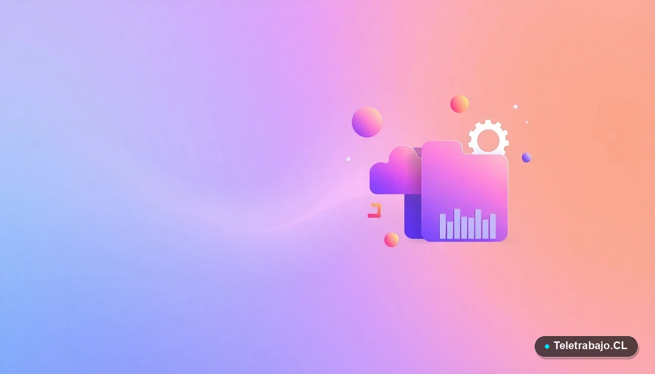 Composición abstracta de interfaz de usuario con gráficos flotantes y iconos de carpeta y engranaje, sobre fondo degradado lila, representando tecnología y datos para el Censo.