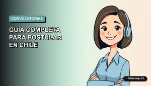 Ilustración plana de mujer profesional chilena sonriente, con blusa azul y corte de pelo bob, sobre fondo degradado suave. Representa postulaciones a trabajos públicos.