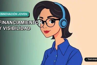 Ilustración vectorial plana de una mujer joven profesional con blusa azul y lentes, sobre fondo degradado verde azulado, representando innovación en Chile.