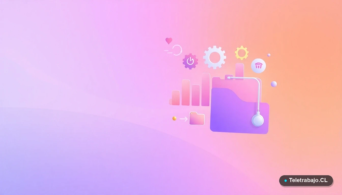 Composición abstracta de interfaz tecnológica con gráficos y engranajes flotantes en colores lavanda y durazno, sobre fondo degradado.