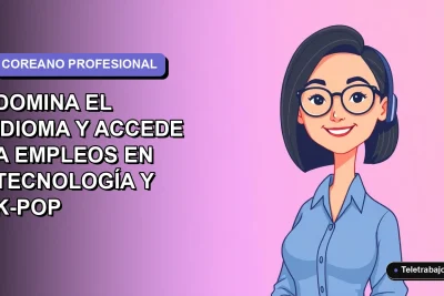Ilustración plana vectorial de mujer profesional con blusa azul y corte bob, sobre fondo degradado lavanda, representando el dominio del coreano para empleos en tecnología.