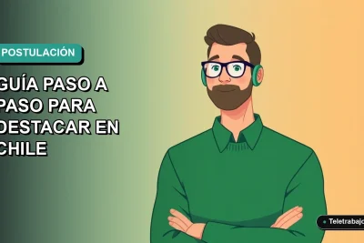 Ilustración plana vectorial de un trabajador profesional masculino de tecnología, con suéter verde, junto a un set de trabajo moderno, sobre un fondo degradado azul verdoso.