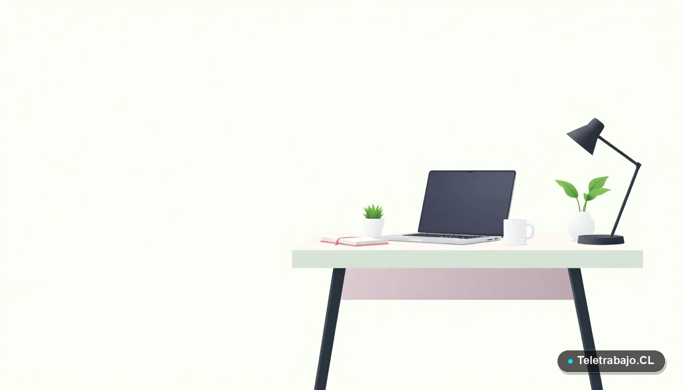 Set de escritorio moderno y minimalista para trabajo remoto, con laptop, cuaderno, taza de café y planta, ilustración plana sobre fondo degradado verde menta.
