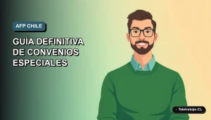 Ilustración plana corporativa de un trabajador freelance consultando su AFP desde un laptop, fondo degradado azul verdoso.