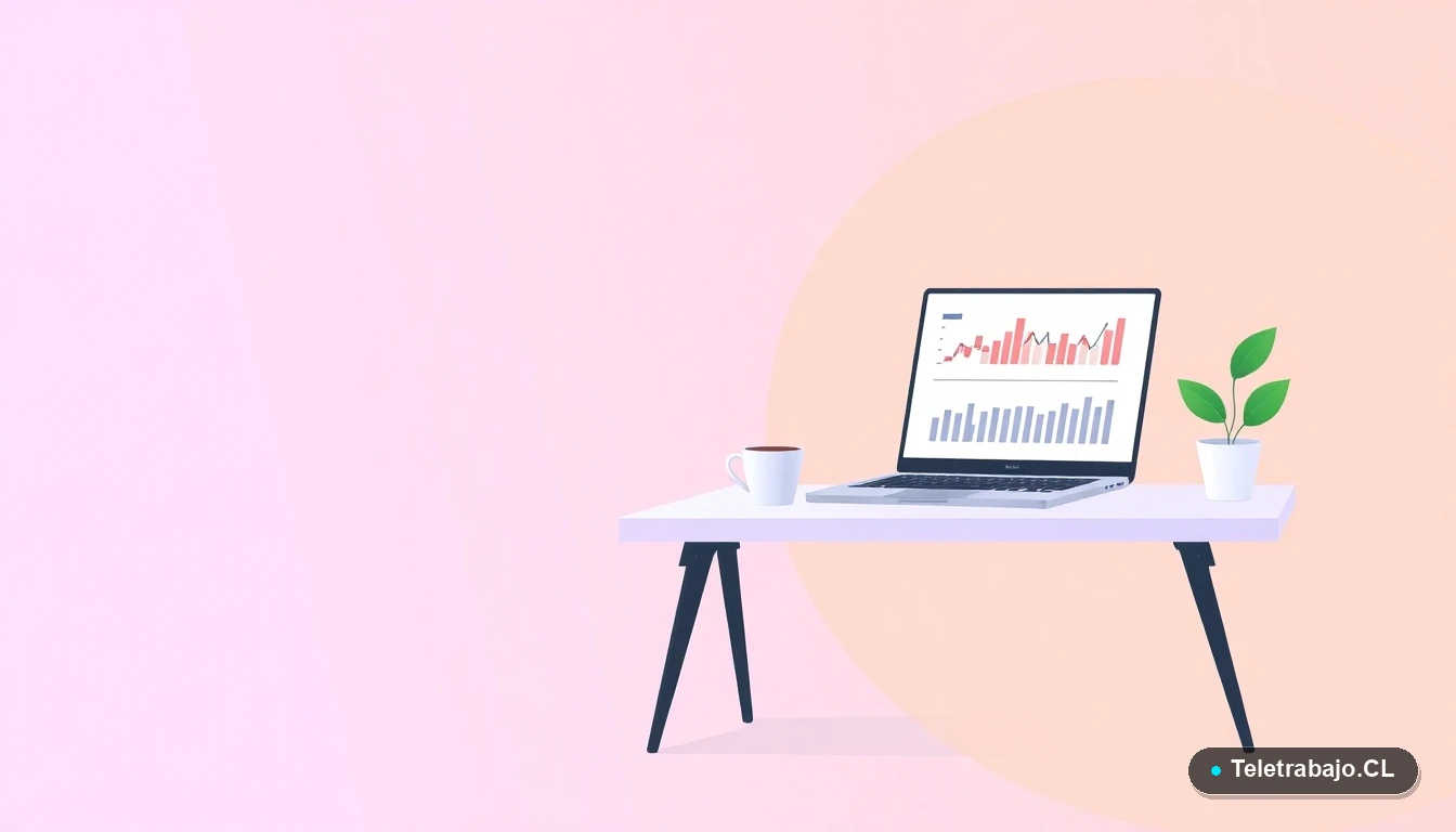 Escritorio moderno con laptop, gráficos financieros y una planta, representando la gestión autónoma de la cotización en AFP para independientes.