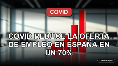 Gráfico de barras rojas cayendo sobre un fondo de oficina desierta, simbolizando la drástica reducción de ofertas de empleo por la pandemia.