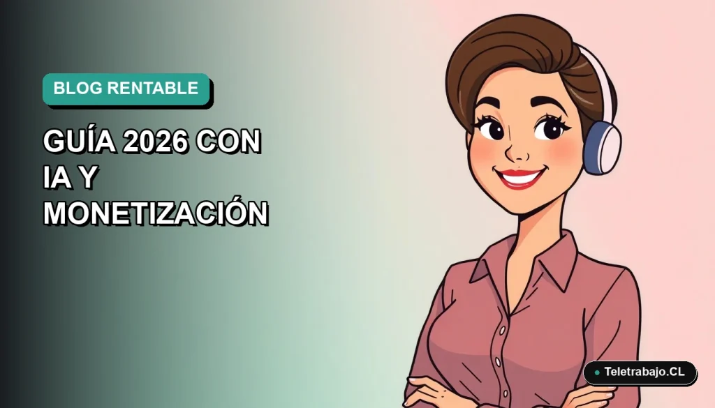 Ilustración plana vectorial de una mujer chilena trabajando remotamente en su computador, con fondo degradado azul verdoso, representando la creación de un blog rentable con IA.