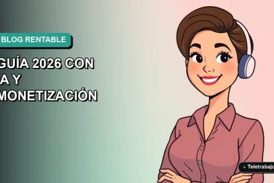 Ilustración plana vectorial de una mujer chilena trabajando remotamente en su computador, con fondo degradado azul verdoso, representando la creación de un blog rentable con IA.