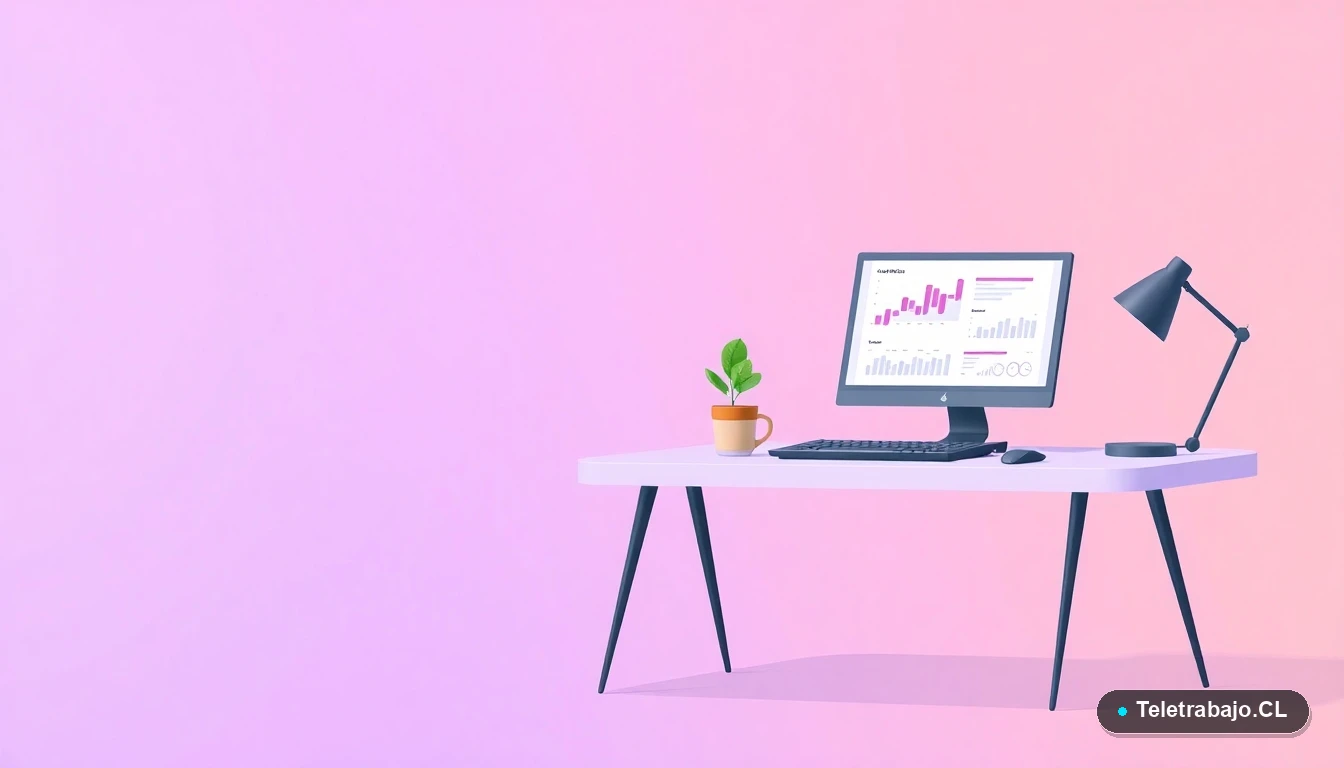 Escritorio moderno minimalista con laptop, gráficos abstractos, una planta y una taza de café sobre fondo degradado lila, simbolizando el espacio de trabajo para un blog.