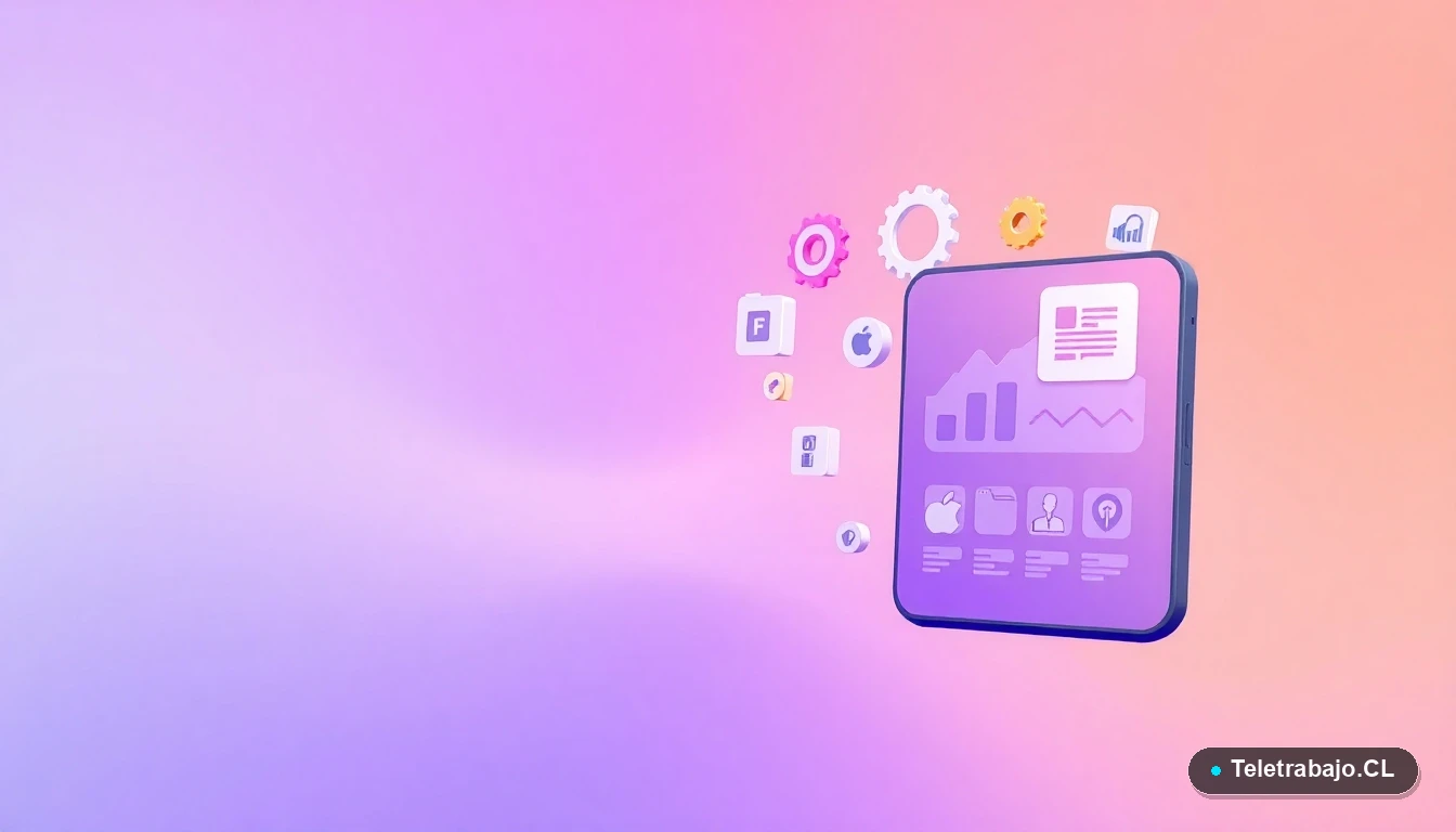 Interfaz de usuario abstracta con gráficos flotantes y engranajes, ilustración vectorial plana sobre fondo degradado lila, representando innovación tecnológica.