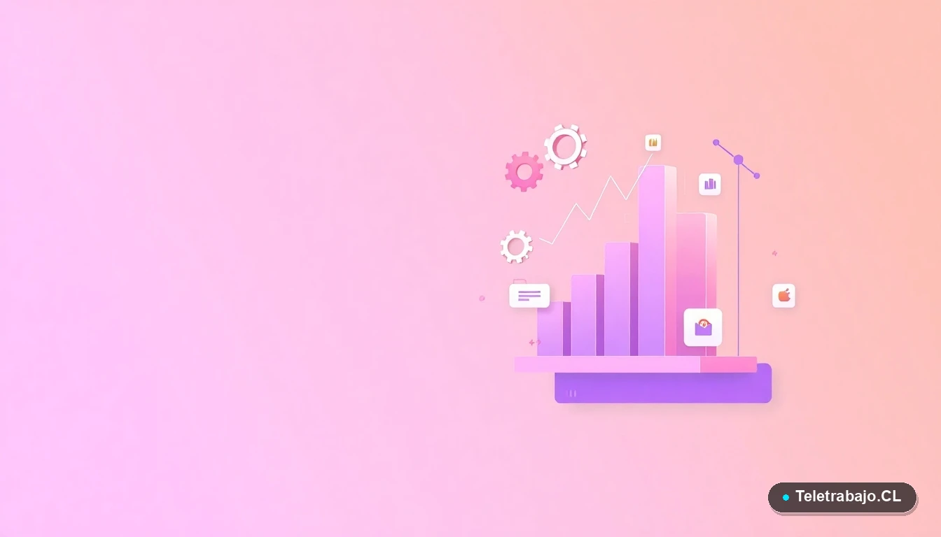 Composición abstracta de interfaz de usuario con gráficos flotantes, engranajes y carpetas estilizadas, representando datos y tecnología, fondo degradado lavanda.