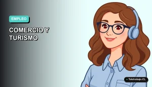 Ilustración vectorial plana de trabajadora remota con blusa azul y cabello castaño, sobre fondo degradado suave, representando crecimiento laboral en comercio y turismo.