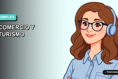 Ilustración vectorial plana de trabajadora remota con blusa azul y cabello castaño, sobre fondo degradado suave, representando crecimiento laboral en comercio y turismo.