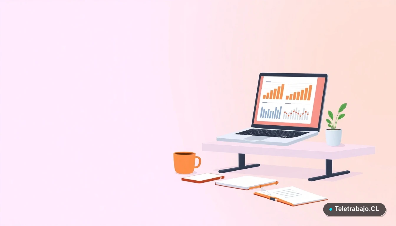 Escritorio moderno minimalista con laptop, gráficos abstractos, taza de café y planta suculenta en estilo ilustración vectorial plana, sobre fondo degradado lavanda.