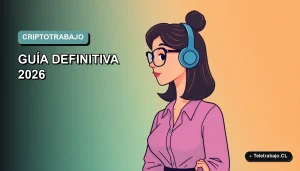Ilustración plana corporativa de mujer profesional trabajando de forma remota con criptomonedas, fondo degradado teal.