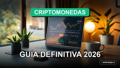 Guía definitiva sobre criptomonedas y trabajo remoto en un escritorio moderno con laptop y elementos digitales.