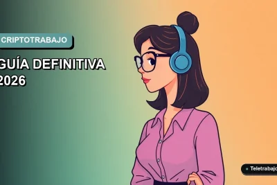 Ilustración plana corporativa de mujer profesional trabajando de forma remota con criptomonedas, fondo degradado teal.