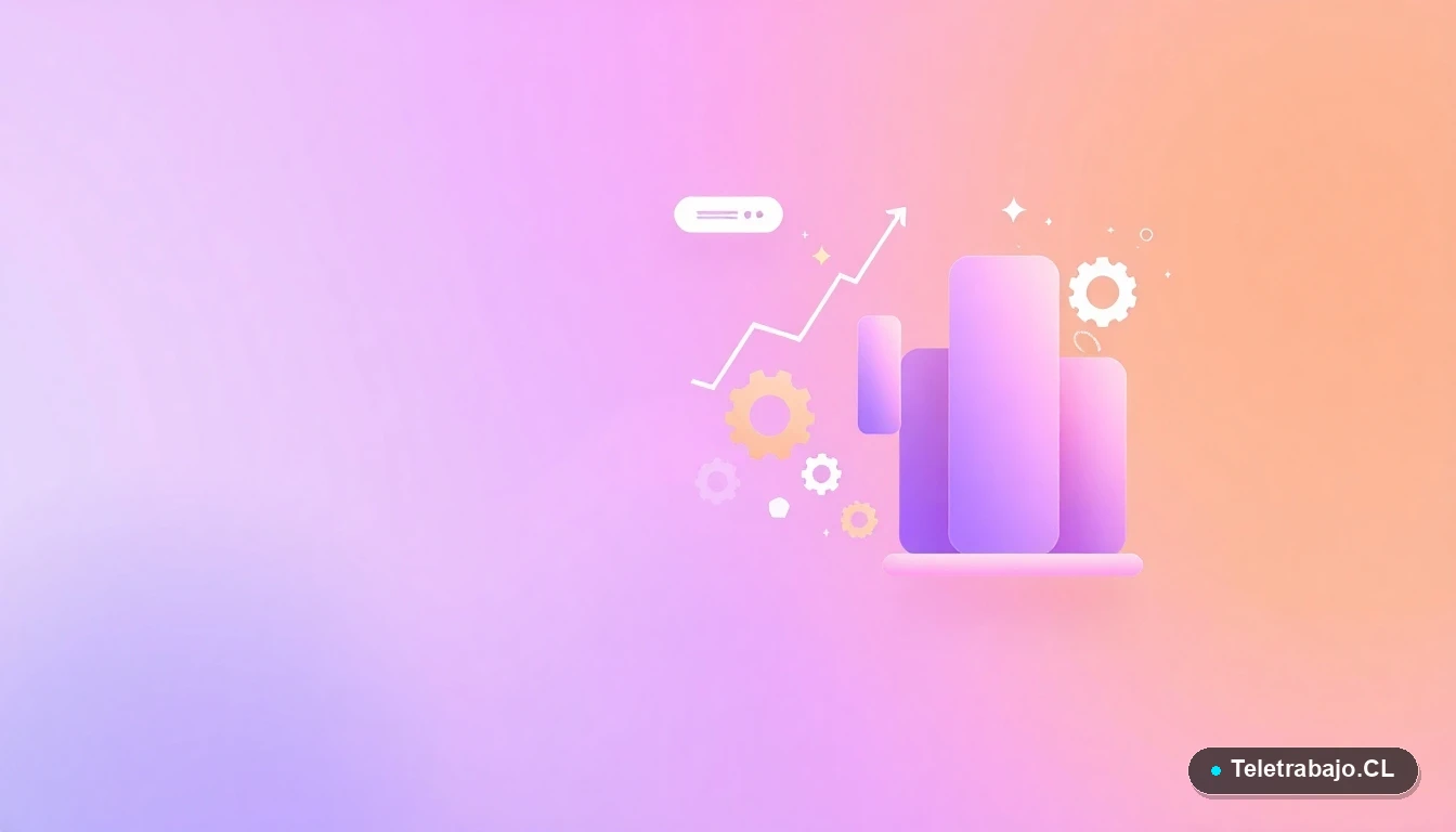 Composición abstracta de interfaz de usuario tecnológica con gráficos flotantes, engranajes y carpetas en colores lavanda y durazno, sobre un fondo degradado. Concepto de datos y estrategia.