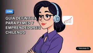 Ilustración vectorial plana de una mujer chilena trabajando de forma remota junto a un gráfico de CRM, sobre un fondo degradado azul y blanco.