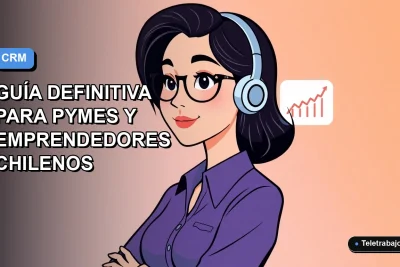 Ilustración vectorial plana de una mujer chilena trabajando de forma remota junto a un gráfico de CRM, sobre un fondo degradado azul y blanco.
