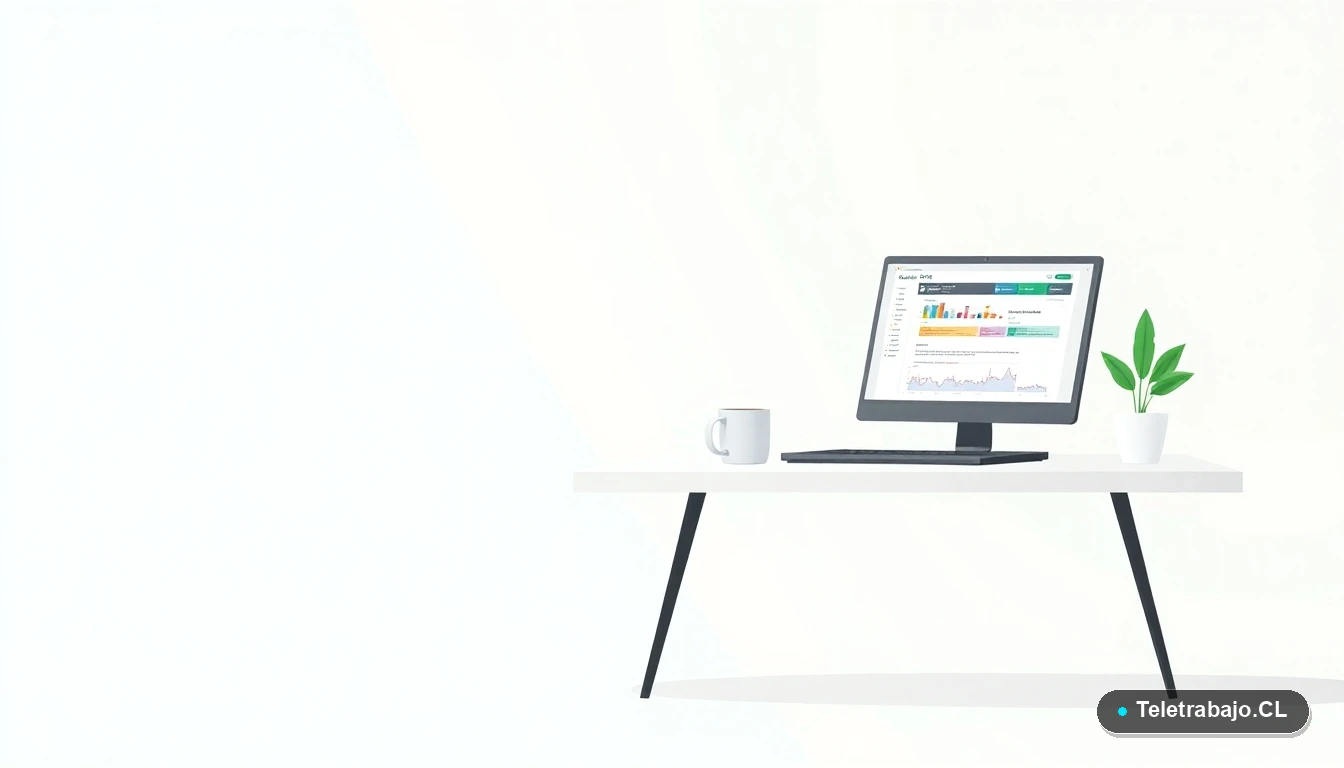 Escritorio moderno con laptop mostrando una planilla de Excel, taza de café y planta, ilustración plana para guía de CRM.