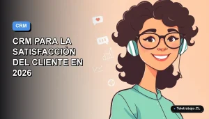 Ilustración vectorial plana de una trabajadora remota feliz junto a una interfaz de CRM, sobre un fondo degradado azul y lila.