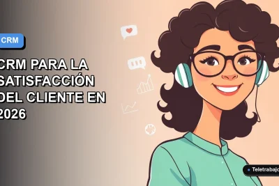 Ilustración vectorial plana de una trabajadora remota feliz junto a una interfaz de CRM, sobre un fondo degradado azul y lila.